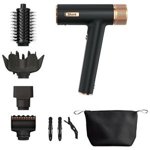 Shark SpeedStyle Haardroger & RapidGloss Finisher met Opbergtas & Haarklemmen, 5 Stylers, Voor Alle Haartypes, Ultrasnel Droog, Gladstrijken van Pluizig Haar, Geen Warmteschade, Ionisch, HD353BKEU