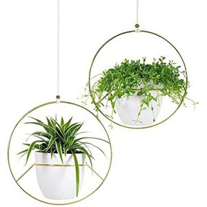 Gadgy Plantenhanger Binnen | Set van 2 Hangpotten | Hangende Bloempot | Hanger Goud Metaal met Witte Bloempot
