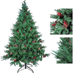 himaly 6FT kunstmatige kerstboom, premium scharnierende spar kerstboom, eenvoudige montage met metalen standaard, kerstversiering voor binnen en buiten, met PVC+PE+dennenappel+rood fruit