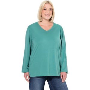 Ulla Popken Dames grote maten plus size shirt, V-hals, relaxed, lange mouwen, groen, 58-60