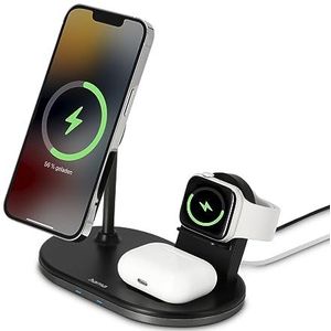 Hama MagCharge Draadloze oplader voor Apple, iPhone, Apple, AirPod, 3-in-1 inductief laadstation met Quick Charge 15 W, magnetische draadloze oplader voor MagSafe en Hama MagLine