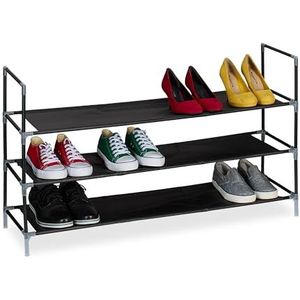 Relaxdays schoenenrek, 3 etages, HBD: 58x100x28 cm, metalen opbergrek schoenen, stoffen planken, hal, zwart/transparant