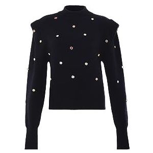 faina Dames mode ruitgebreide trui met halve rolkraag en klinknagels zwart maat M/L, zwart, XL