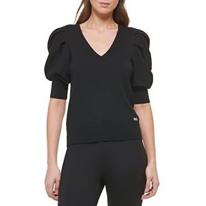 DKNY Dames korte pofmouw V-hals gebreide top shirt, Zwart, S