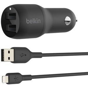 Belkin USB-autolader met 2 poorten, 24 W, Lightning-kabel (Boost Charge autolader, USB-autolader) iPhone 13, 13 Pro Max, 13 minimodellen en oudere modellen, iPad, AirPods-autolader