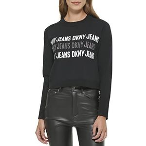 DKNY Dames lange mouwen Crewneck Studs Jeans Logo Sweater, zwart, M