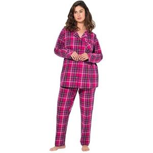 Ulla Popken Dames grote maten plus size pyjama, flanel, geruit, reverskraag, lange mouwen, fuchsia, 50/52