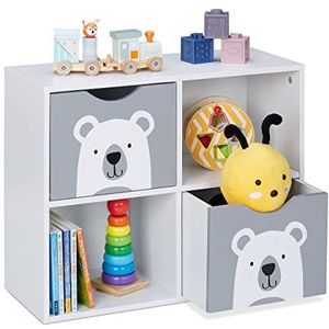 Relaxdays kinderkast beer, 2 lades, 2 open vakken, H x B x D: 48 x 60 x 24,5 cm, kinderboekenkast, speelgoed, wit/grijs