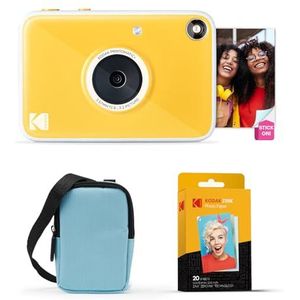 KODAK Printomatic+ 10MP Instantcamera Startpakket (Blauw) met Draagtas, RGB-LED-indicator en ZINK 20-stuks Kleefpapier – Geel