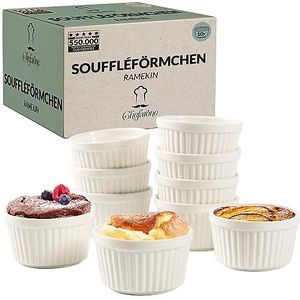 Chefarone® Soufflé Bakovenbestendig, set van 10 stuks, crème brûlée, keramische schaaltjes voor bakken en rechtzetten, mini-ovenvormen 200 ml, set van 10 wit (9 x 7,5 x 5 cm)