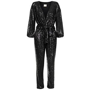 Swing Fashion Jumpsuit voor dames, elegant, feestelijke jumpsuit, party, jumpsuit, glitterjumpsuit, playsuit, broekpak, romper, paillettenoverall, V-hals, lange mouwen, zwart, 36 (S)