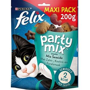 Felix Party Mix Seaside Mix Cat Snacks with Salmon, Pollock & Trout Flavor, 5 x 200g
