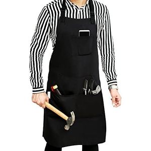 Ruvanti Professioneel duurzaam zwart werkschort, voor mannen, vrouwen, chef-kokschort, keuken, barbecue, kapper, canvas schort, comfortabel, katoen verrijken. Extra lange banden verstelbaar M tot XXL,