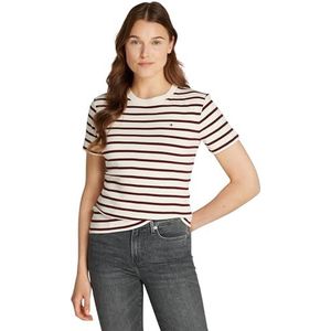 Tommy Hilfiger Dames nieuwe Slim Cody C-NK SS WW0WW40587 S/S gebreide tops, beige, XXS, Beige (Fijne Stp Calico/Deep Rouge), XXS
