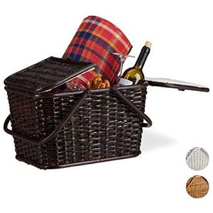 Relaxdays Picknickmand met deksel, gevlochten, stoffen bekleding, handvat, grote draagmand, handgemaakt, rotan, chocoladebruin, 25 liter