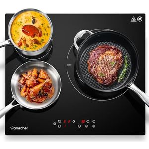 AMZCHEF Keramische kookplaat 3 platen, 60 cm met 9 standen, Dual Zone 2400W Max met automatische uitschakeling, timer, veiligheidsslot, 5400W