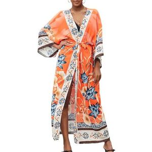 Eddoyee Chiffon Open Front Badpak Cover Up voor Vrouwen Bloemenprint Strand Kimono Vesten, Kraan Print 1, one size