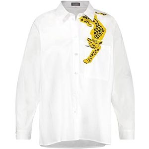 Samoon Dames lange blouse met luipaardmotief lange mouwen, manchetten blouse lange mouwen lange blouse frontprint, effen kleuren, Wit patroon., 54