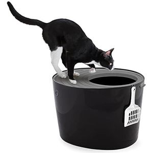 Iris Ohyama, grote plastic kattenbak met invoer aan de bovenkant, inclusief schep en deksel met sleuf, L53 x D41 x H37 cm, BPA-vrij, schepsteun, voor katten, PUNT-530, zwart/grijs