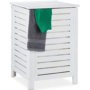 Relaxdays wasmand met deksel, 86 l, uitneembare waszak, grenenhout, wasbox H x B x D: ca. 65.5 x 45 x 45 cm, wit