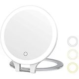 MYIAMO Make-upspiegel met verlichting, dubbelzijdig verlichte vergrootspiegel 10X/1X met 3 kleurverlichtingsmodi, tafelspiegel met verstelbare inklapbare handgreep voor thuis of op reis