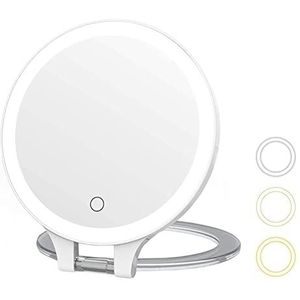 MYIAMO Make-upspiegel met verlichting, dubbelzijdig verlichte vergrootspiegel 10X/1X met 3 kleurverlichtingsmodi, tafelspiegel met verstelbare inklapbare handgreep voor thuis of op reis