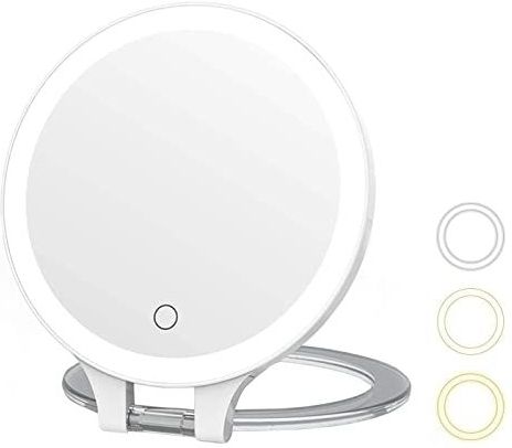 MYIAMO Make-upspiegel met verlichting, dubbelzijdig verlichte vergrootspiegel 10X/1X met 3 kleurverlichtingsmodi, tafelspiegel met verstelbare inklapbare handgreep voor thuis of op reis
