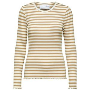 Bestseller a/s Dames Slfanna Ls Crew Neck Tee STR Noos shirt met lange mouwen, Tannin/Stripes: w Snow White Stripes, XS