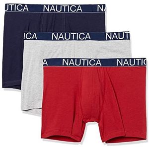 Nautica Heren 3 Pack Katoen Stretch Boxer Brief, Peacoat/Heather Grijs Rood, Medium