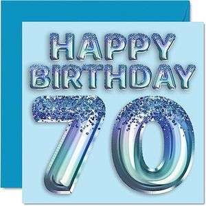 70e verjaardagskaart voor mannen - blauwe glitter feestballon - gelukkige verjaardagskaarten voor 70-jarige man overgrootvader opa papa Gran, 145 mm x 145 mm zeventig zeventigste verjaardag