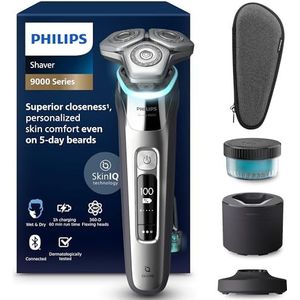 Philips Shaver Series 9000 Elektrisch scheerapparaat voor mannen, nat en droog scheerapparaat met lift en knippen, SkinIQ-technologie, pop-upbaardtrimmer, reinigingspod, oplaadstandaard en reiskoffer