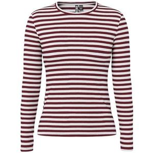 PIECES - PCRUKA - T-shirt - Wijnrood/Wit - Lange Mouw - Slanke Pasvorm