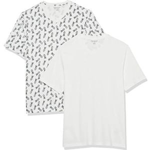 Amazon Essentials Heren Regular-Fit T-shirt met korte mouwen en V-hals (verkrijgbaar in Big & Tall), 2 stuks, wit/ananasprint, XX-Large