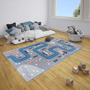 HANSE Home Dream Street tapijt voor de kinderkamer, kindertapijt, voor jongens en meisjes, laagpolig tapijt, modern speelstraatmotief, zachte pool, onderhoudsvriendelijk - grijs-blauw, 120 x 170 cm