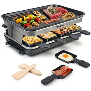 Raclette Grill voor 8 personen, 8 mini raclette pannetjes voor het koken van kaas en bijgerechten & een houten spatel raclette, flexibele temperatuurregeling, groot vierkant antiaanbak-kookvlak - 1500 W