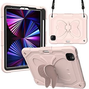 Hoesje voor iPad Air 5/4 (2022/2020 5e/4e generatie 10,9-inch), full-body beschermende iPad 10,9 inch hoes met vlinderbeugel en schouderriem- roze