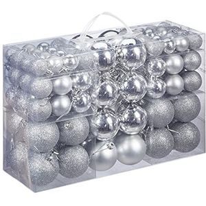 Relaxdays kerstballen 100 stuks, kerstdecoratie, mat, glanzend, glitters, kerstboom ballen ∅ 3, 4 & 6 cm, zilver