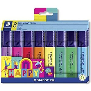 STAEDTLER Markeerstift Textsurfer classic, Happy Colours, groot inktgeheugen, lange markeerprestaties en levensduur, in seconden droog, 1-5 mm punt, 8 markeerstiften in kartonnen etui, 364 C8 HA