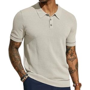 PJ PAUL JONES Heren gebreide poloshirts korte mouw getextureerde pullover golfpolo T-shirts, Abrikoos-textuur, L