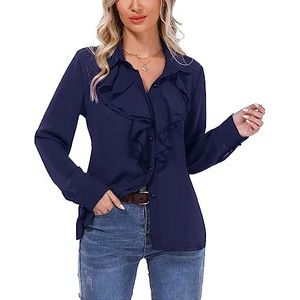 Irevial Dames casual chiffon shirt ruches hals lange mouwen tops vintage button down blouse, Nary Blauw, M