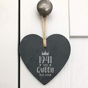 eBuyGB Cadeau voor mama gegraveerd opknoping hart decoratie-1941 Deze koningin werd geboren Design-80e verjaardag vrouwen, haar, leisteen