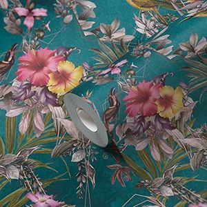 A.S. Création Bloemenbehang met vogels Petrol vliesbehang bloemenlook Dieren Blauw Groen 381783 10,05x0,53m Made in Germany