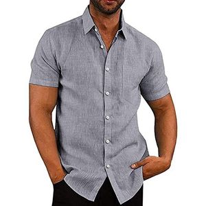 COOFANDY Herenhemd met korte mouwen, linnen hemd, vrijetijdshemd met borstzak, zomer, korte mouwen, businesshemd, effen, basic shirt voor mannen, 48-grijs, XL