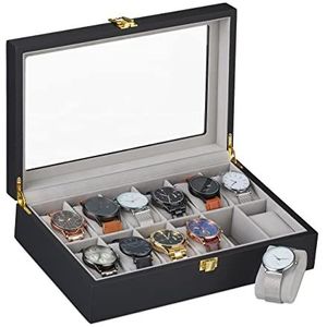 Relaxdays horlogebox voor 12 horloges, fluwelen kussentjes, HxBxD: 8,5 x 31,5 x 21 cm, sieradendoos, zwart/grijs
