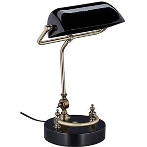 Relaxdays bankierslamp, kantelbare lampenkap, houten voet, glazen kap, E27-fitting, bureaulamp, vintage, in het zwart