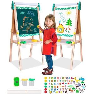 Kinderspeelbord van hout, verstelbaar, dubbelzijdig whiteboard en schoolbord schildersezel met letters en cijferstickers en andere accessoires voor kinderen en peuters (groene strepen)