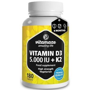 Vitamine D3 K2 hoge dosering, 180 tabletten, 5000 IE vitamine D3 + 100 mcg vitamine K2 depot, zonder onnodige toevoegingen, hoge biologische beschikbaarheid, gemaakt in Duitsland