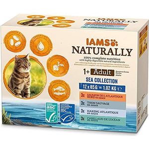 IAMS Naturally Sea Collection Kattenvoer, nat in saus, hoogwaardig natvoer met vis voor volwassen katten, 12 x 85 g