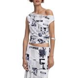 T-shirt - Mouwloos - Gedrapeerd - Asymmetrische Ronde Hals - Krantenprint - Regular Fit - Gerecycled Polyester
