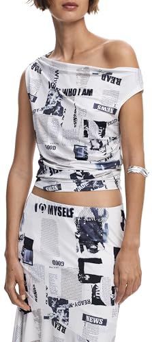 T-shirt - Mouwloos - Gedrapeerd - Asymmetrische Ronde Hals - Krantenprint - Regular Fit - Gerecycled Polyester